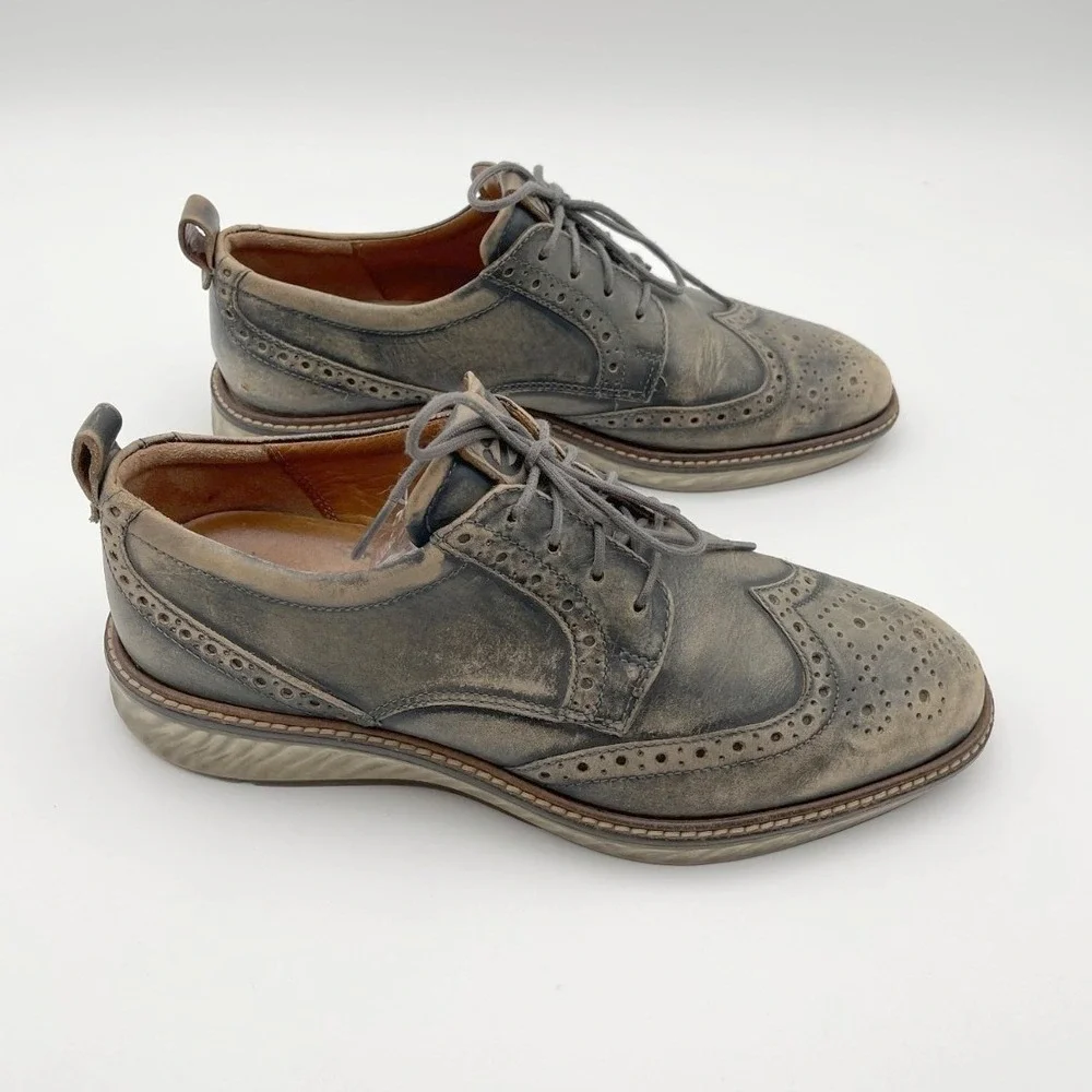 ECCO ST1 Hybrid Wingtip‎ Brogue Oxford Gray Tan Burnish Leather Men 8 Dress Shoe